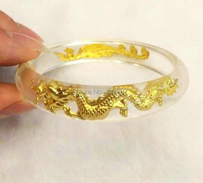 Solid 24K Yellow Gold Bangle/ Bracelet Dragon Phoenix Crystal Bangle Diameter 60-62mm