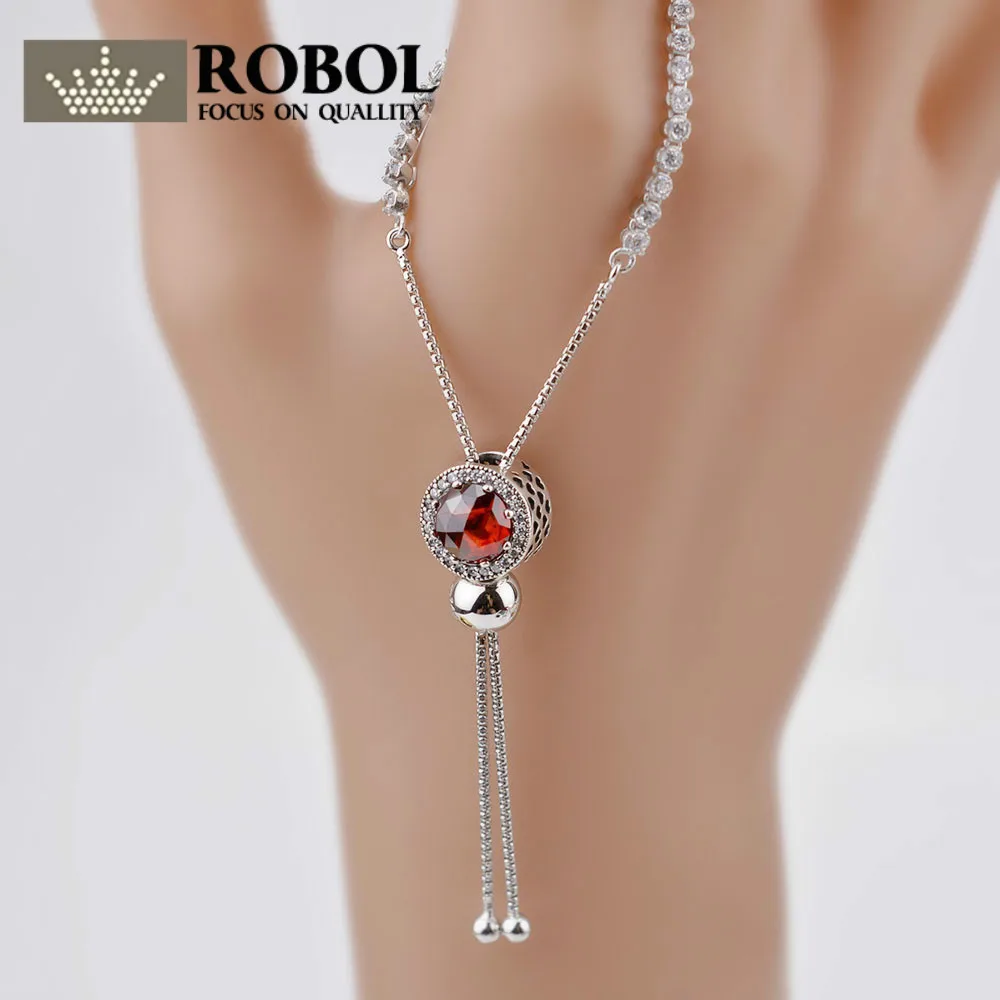 

ROBOL 925 Sterling Silver Bracelet for Women With Cubic Zircon Crystal Charm Bracelets Wedding Jewelry Gift For Woman Adjustable