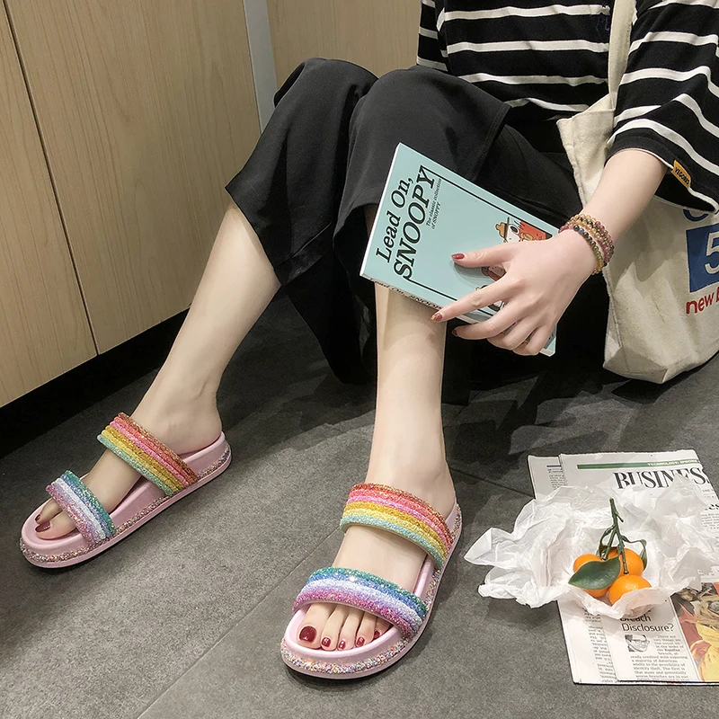 

rainbow sequined cloth platform shoes summer two band wedges gladiator slides female korean style flip flops slippers woman