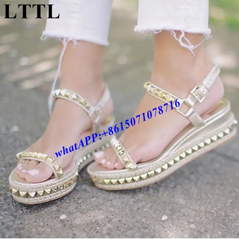 

2018 New Fashion Week Gold Studded Summer High Heel Wedges Sandals Leather Luxury Brand Women Casual Dress Sandals Shoes