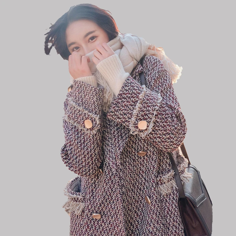 

mujer winter Women's Wool Coat New Fashion Long Woolen Coat Single Blends Plaid loose Female Lattice Wool Coat Korean vestiti