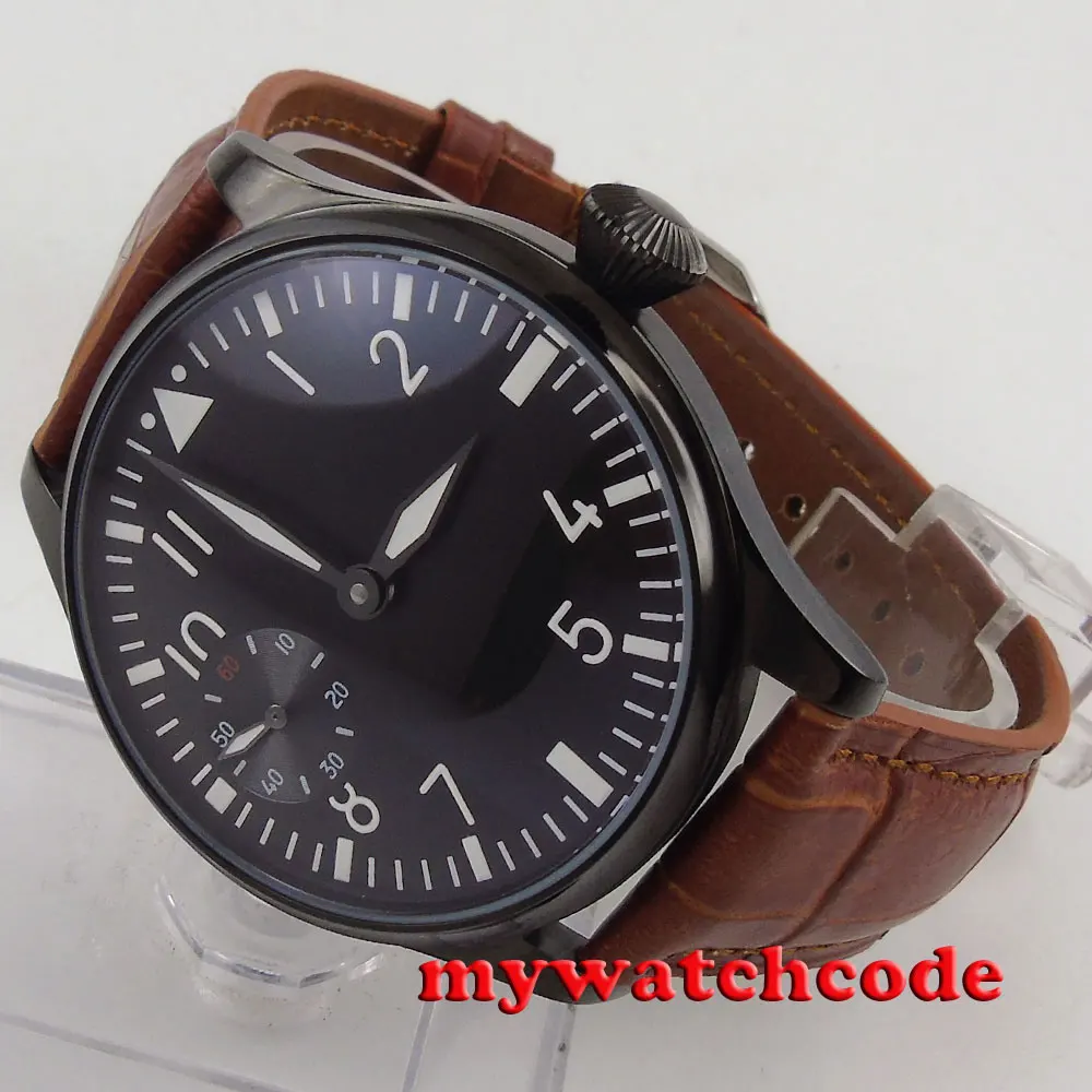 

44mm parnis black dial luminous PVD 6497 hand winding brown strap mens watch 290