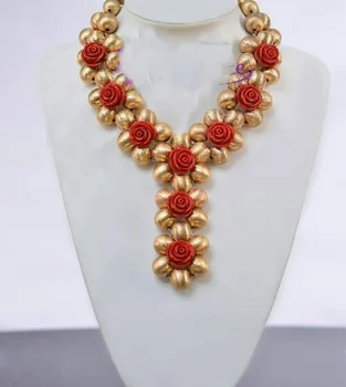 

2018 Exclusive Handmade Weaved Gold Beads Dubai Costume Jewelry Set Red Rose Flower Chunky Statement Necklace Set Bride PJW301