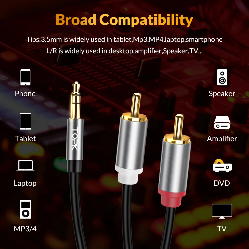 Аудиокабель TOPK с RCA разъемом 2RCA на 3 5 аудиокабель мм AUX кабель для телефона DJ