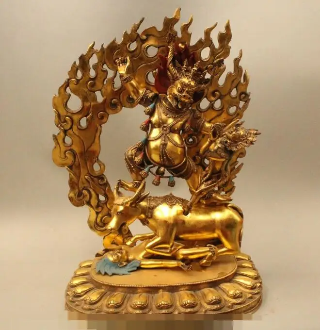 

S6097 21"Tibet Tibetan Buddhism Bronze Gild Stand Bull Happy Dhammapala Buddha Statue D0318