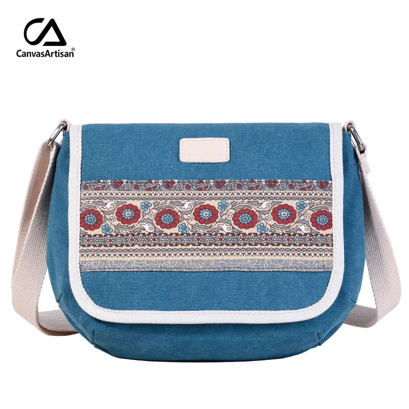 Canvasartisan new women shoulder bag floral casual messenger bag vintage cotton canvas bags female small travel crossbody bag - Цвет: LAKE BLUE