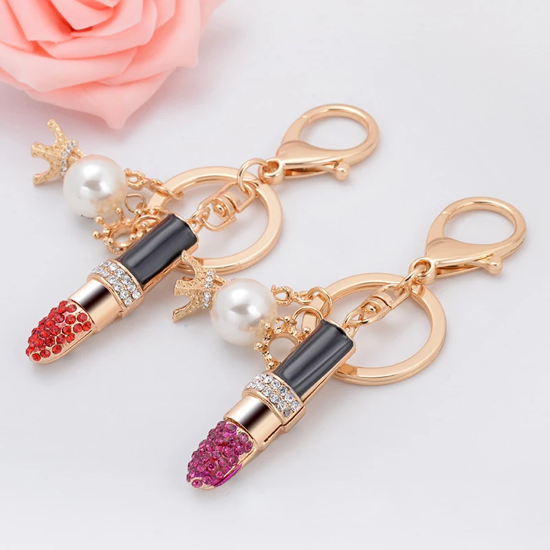 Luxury Rhinestone Lipstick Keychain Eiffel Tower Pearl Key Chain Accessories Alloy Keyring Bag