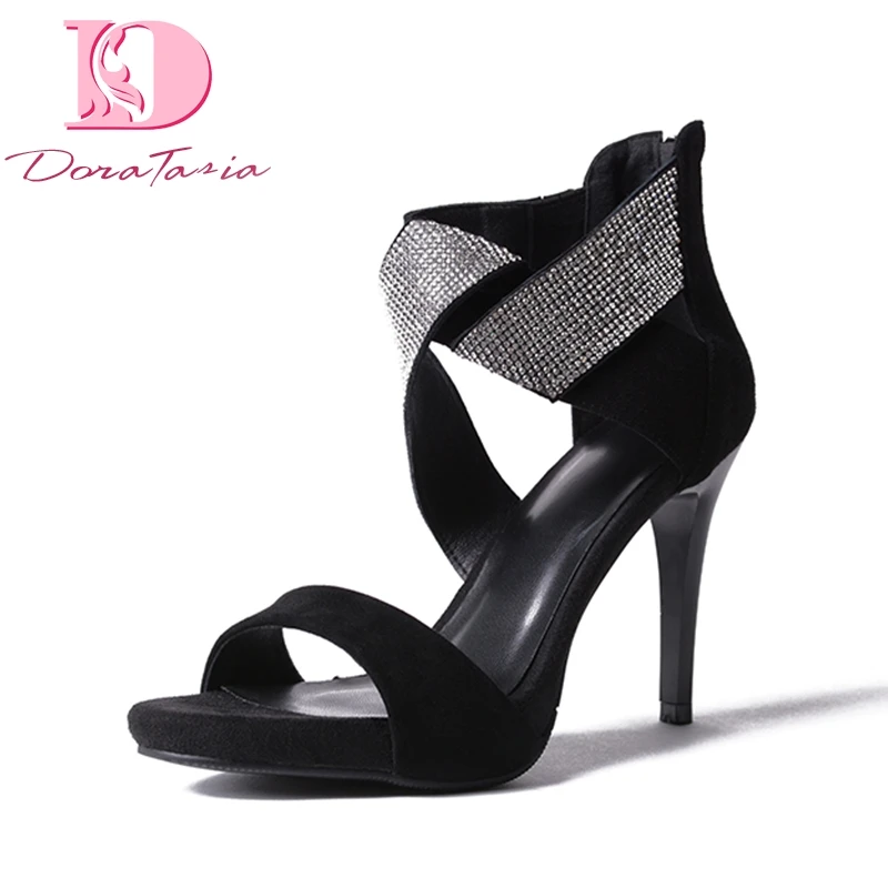 

DoraTasia Plus Size 33-42 Thin High Heel Kid Suede Leather Woman Shoes Cross Strap Bling Sexy Women Shoes Summer Sandals