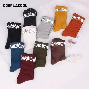 

[COSPLACOOL]Korean Pearl Handmade Socks Women Elastic Cotton Flanging Sokken Creative Reto Socks Japan Harajuku Calcetines Mujer