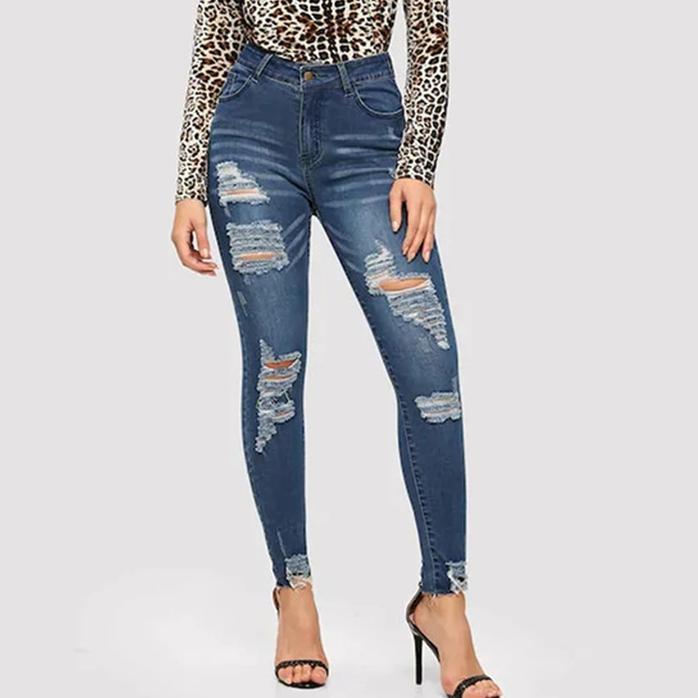 

New 2019 Fashion Women's Destroyed Ripped Slim Denim Jeans High Waist Stretch Boyfriend Jeans Sexy Hole Pencil Pants Trousers