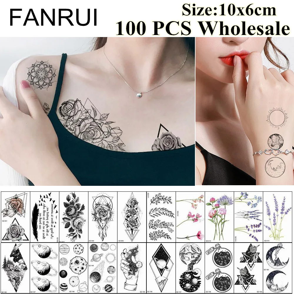 Черная искусственная временная татуировка FANRUI 100 шт. 10x6 см на руку и шею растение