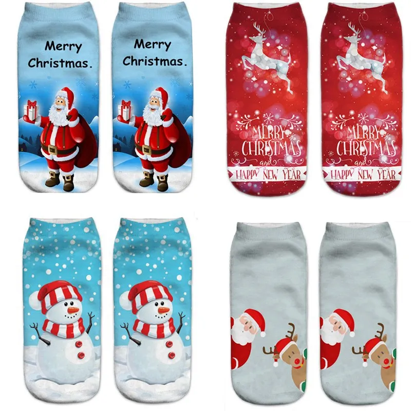 Для женщин 3D рождественские носки унисекс с рисунком лося Снеговик Санта носки Для женщин Low Cut лодыжки рождественские носки Calcetines Mujer