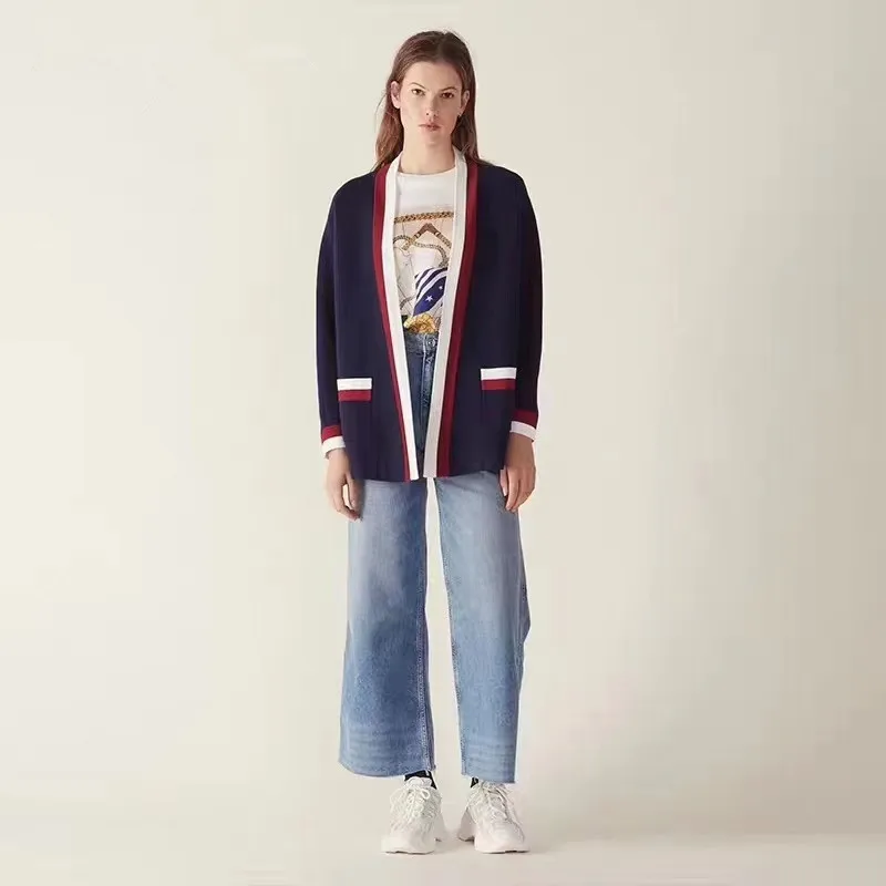 

2019 Spring New Style British Style Double Simple Temperament Sweater Cardigan Contrast Color Knitted Sweater Women