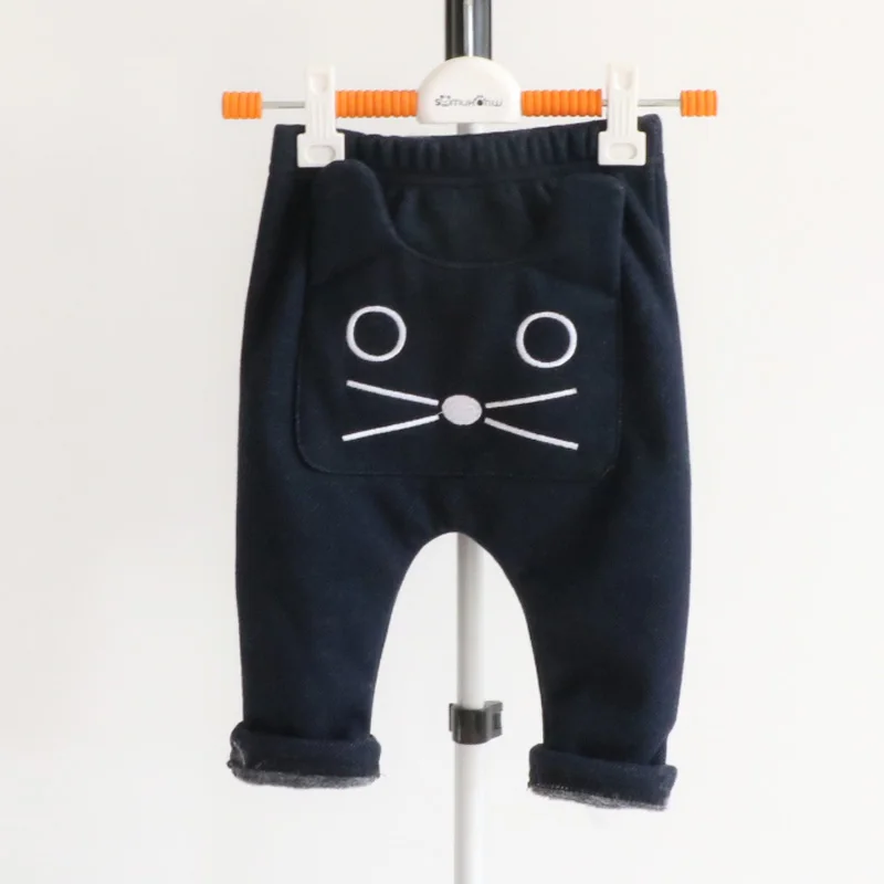 Cat Navy blue Леггинсы с рисунком медведя для мальчиков и девочек, детские штаны, Зимние Теплые повседневные штаны с плюшевой подкладкой, одежда для малышей - Цвет: Cat Navy blue