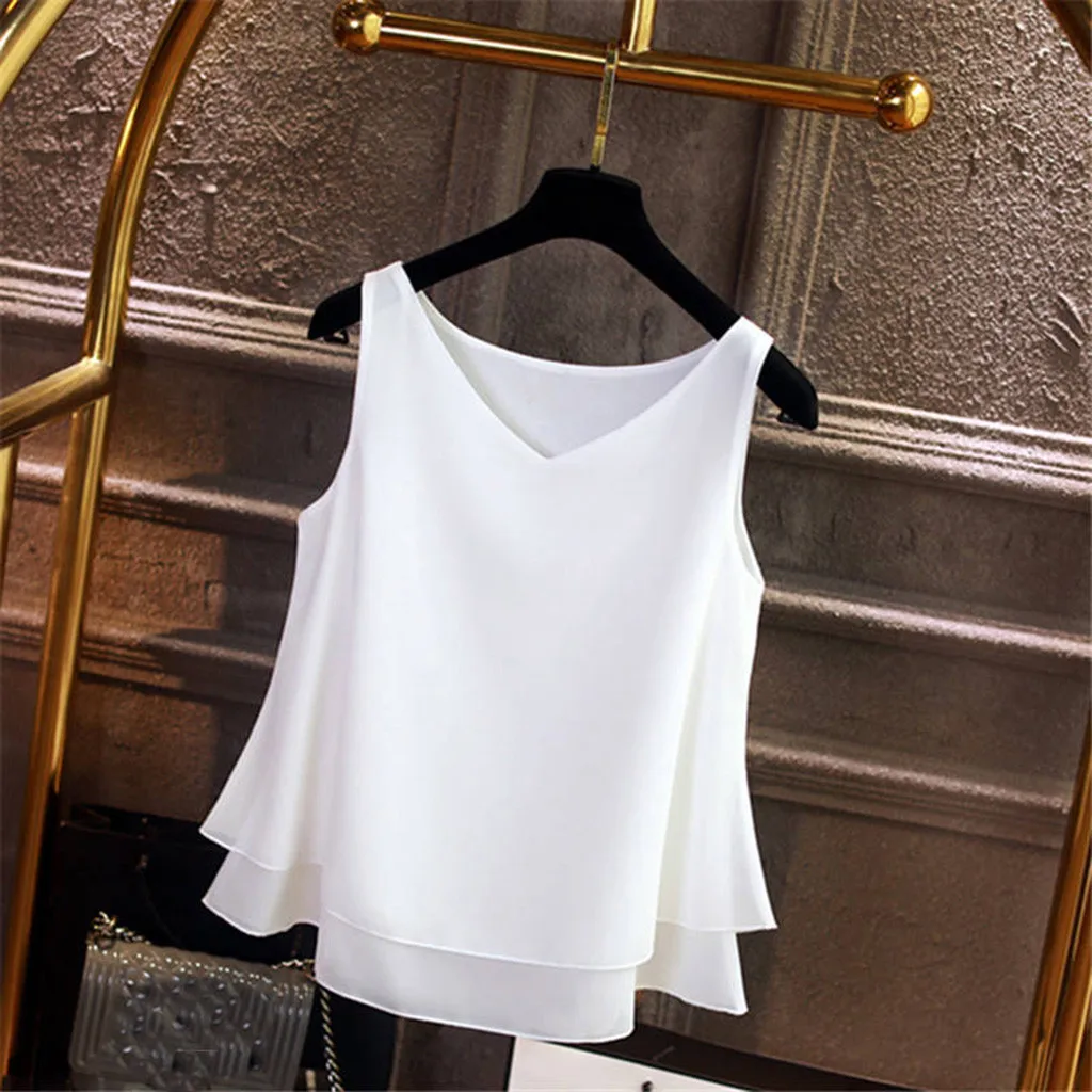 Женская Летняя короткая Корейская версия шифоновая рубашка без рукавов с v-образным вырезом, повседневный Топ ropa mujer