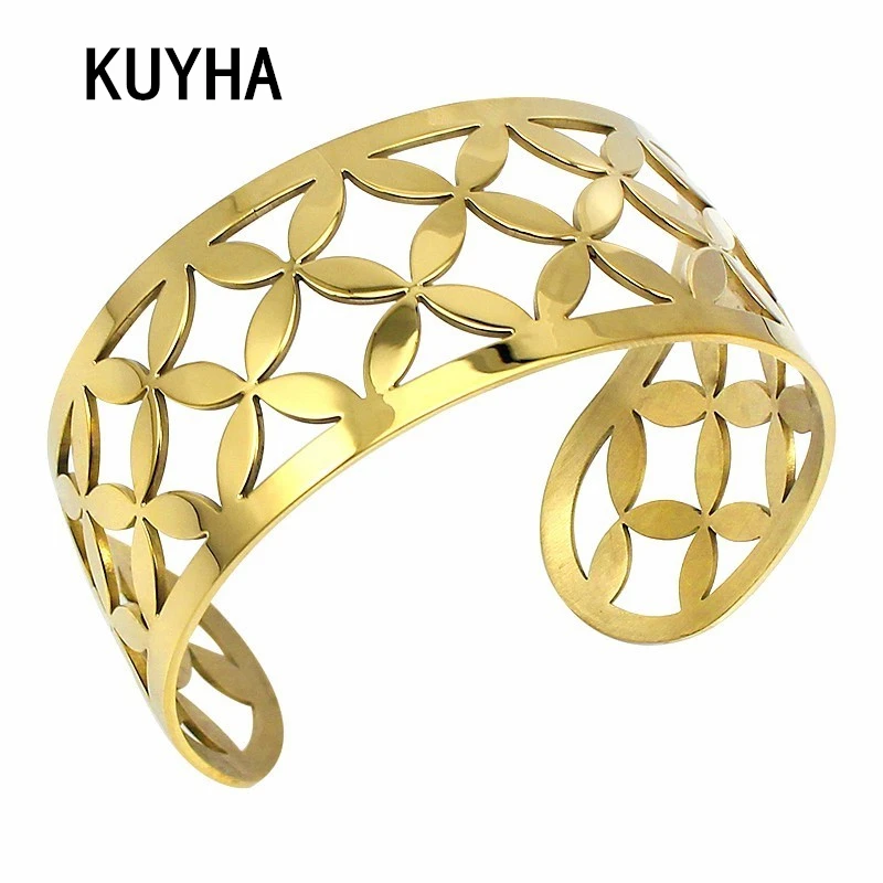 Stainless Steel Bracelet For Female Male Adjustable Hollow Arm Cuff