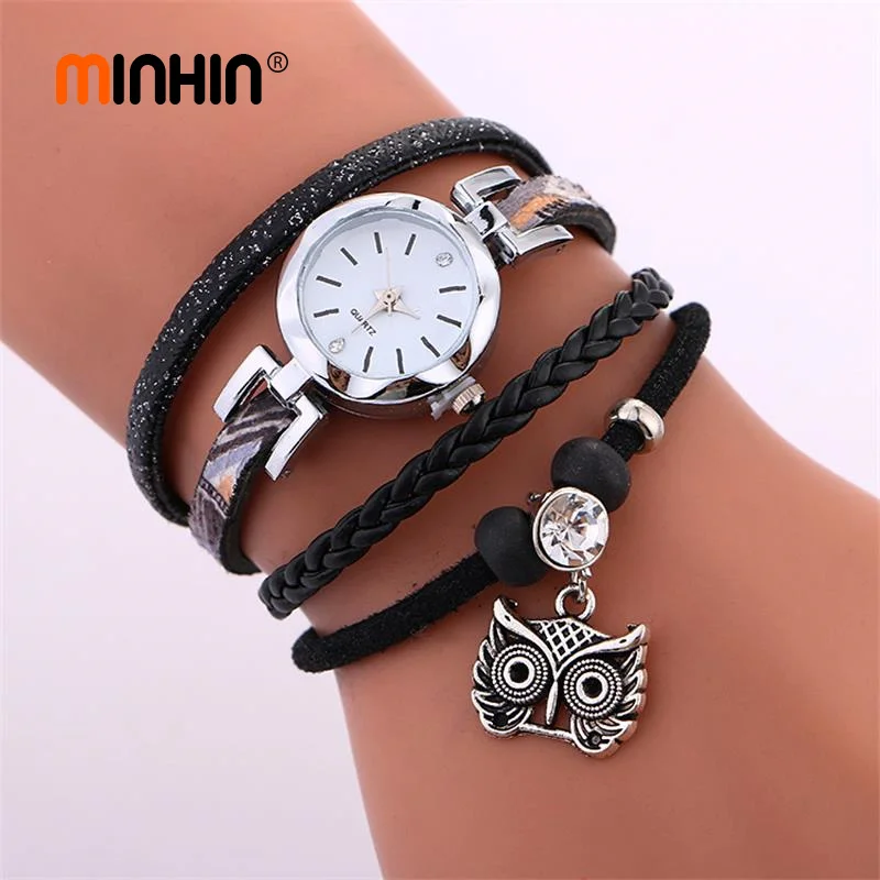 

MINHIN Women Smart Watches Owl Pendant Quartz Wristwatches Braided Handmade Bracelet Clock Ladies Leather Strap Watch