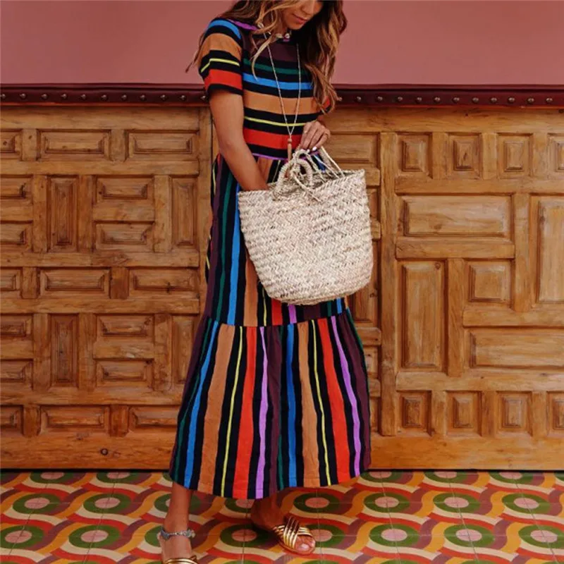 

Women Hippie Shirt Dress Summer Boho Rainbow Striped Print Beach Ladies Retro Short Sleeve Casual Loose Maxi Dress Vestidos #40