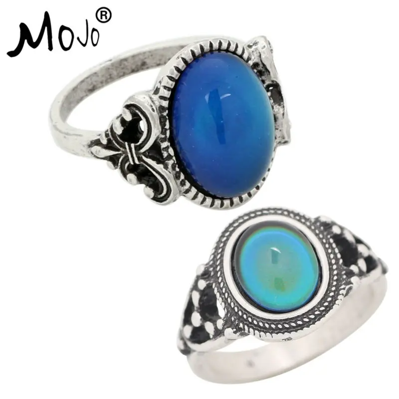 

2PCS Antique Silver Plated Color Changing Mood Rings Changing Color Temperature Emotion Feeling Rings Set For Women/Men 008-006