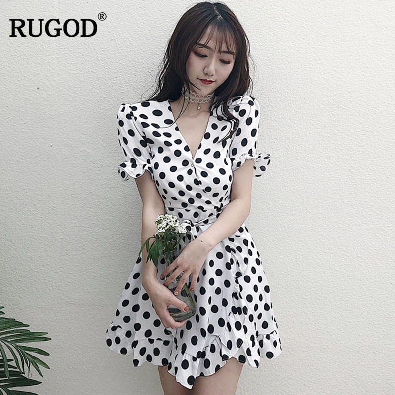 

Rugod 2019 Small Dot V-neck Fashionable Dress Women Hot Sale Short Sleeve Chic Stylish Elegant Women's Dress vestido de mujer
