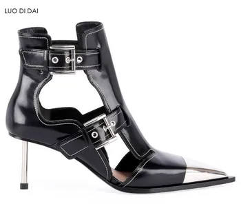 

2020 new women buckle strap boots metal heels booties party shoes ladies iron toe fretwork boots summer gladiator sandal boots