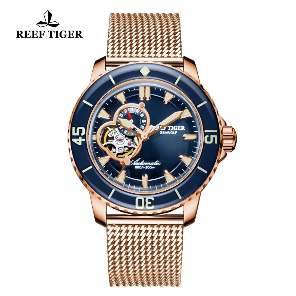 Мужские автоматические спортивные часы Reef Tiger/RT цвета розового золота с