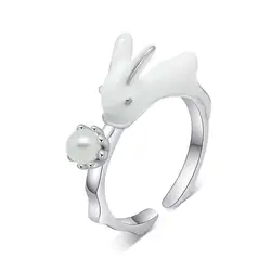 Милые эмали белый кролик в виде ракушки жемчуг серебро 925 пробы регулируемое кольцо