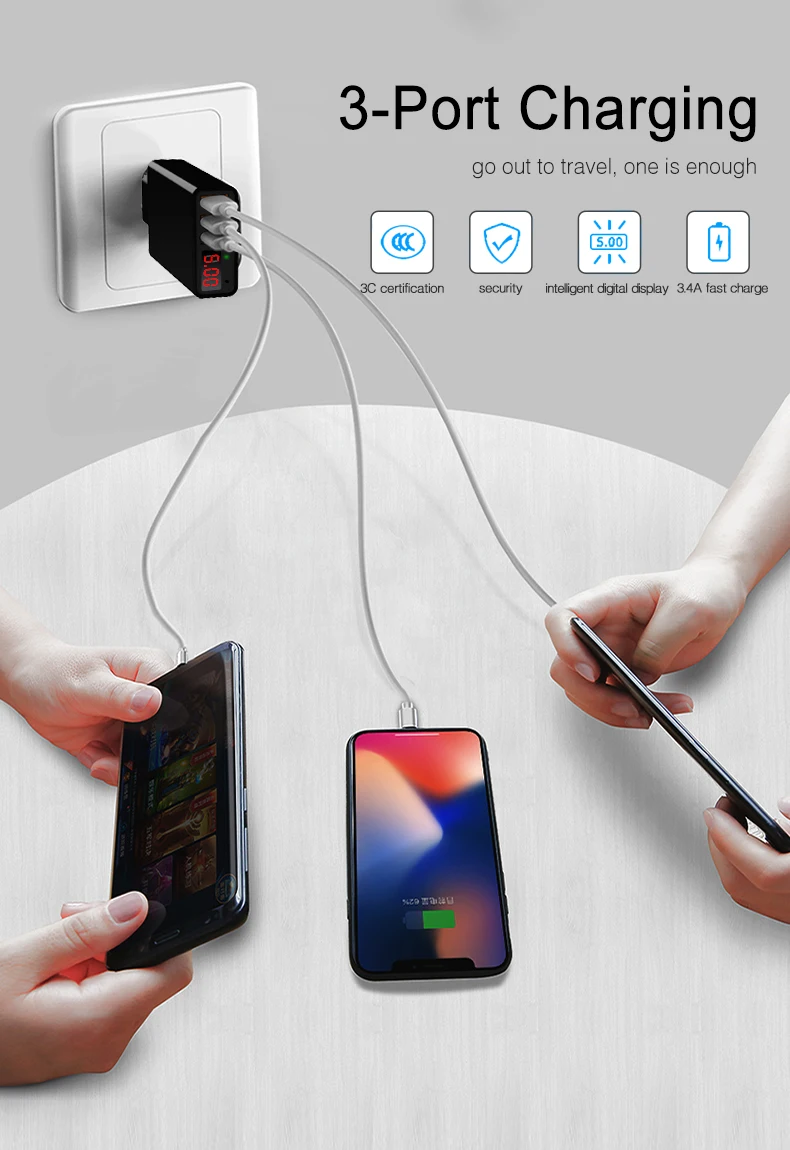 LED Display Smart 3 USB Charger For iPhone Samsung Xiaomi USB Adapter (1)