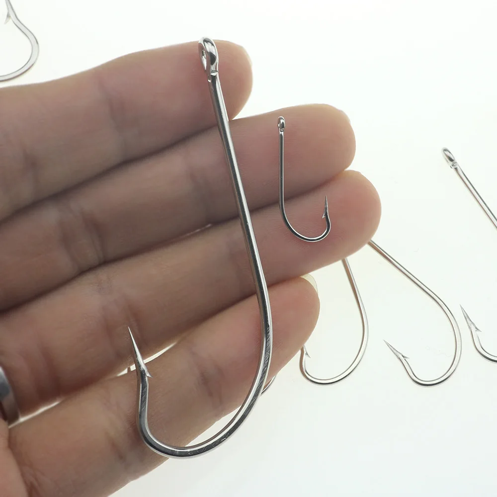 Rompin 50pcs O'Shaughnessy Stainless Steel Saltwater Fishing Hook Long Shank Jig Hook 9255 Size 6#-7/0# Sliver Color