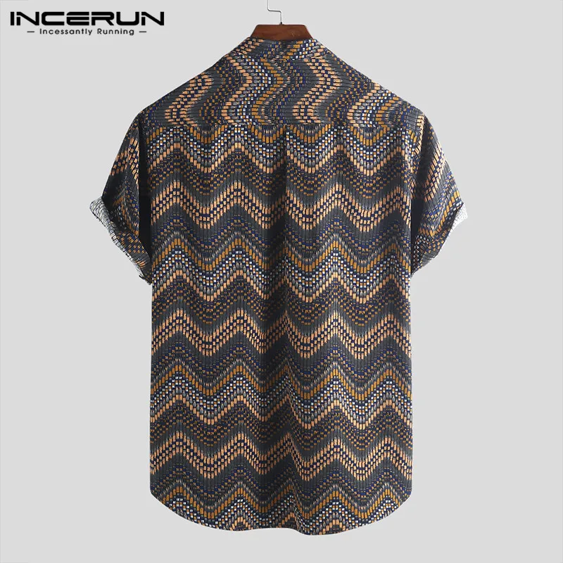 INCERUN Print Men Hawaiian Shirt Stand Collar Camisa Short Sleeve Button Up Tops Vintage Casual Shirts Men Streetwear S-5XL