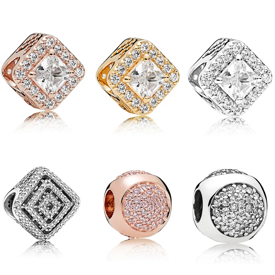 925 Sterling Silver Square Shape Round Style Full Crystal Cz Beads Charms For Women Pandora