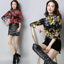 Осенне-весенняя женская рубашка с воротником-стойкой, золотистая бархатная рубашка с цветочным принтом, женские топы с длинными рукавами, мягкие и удобные