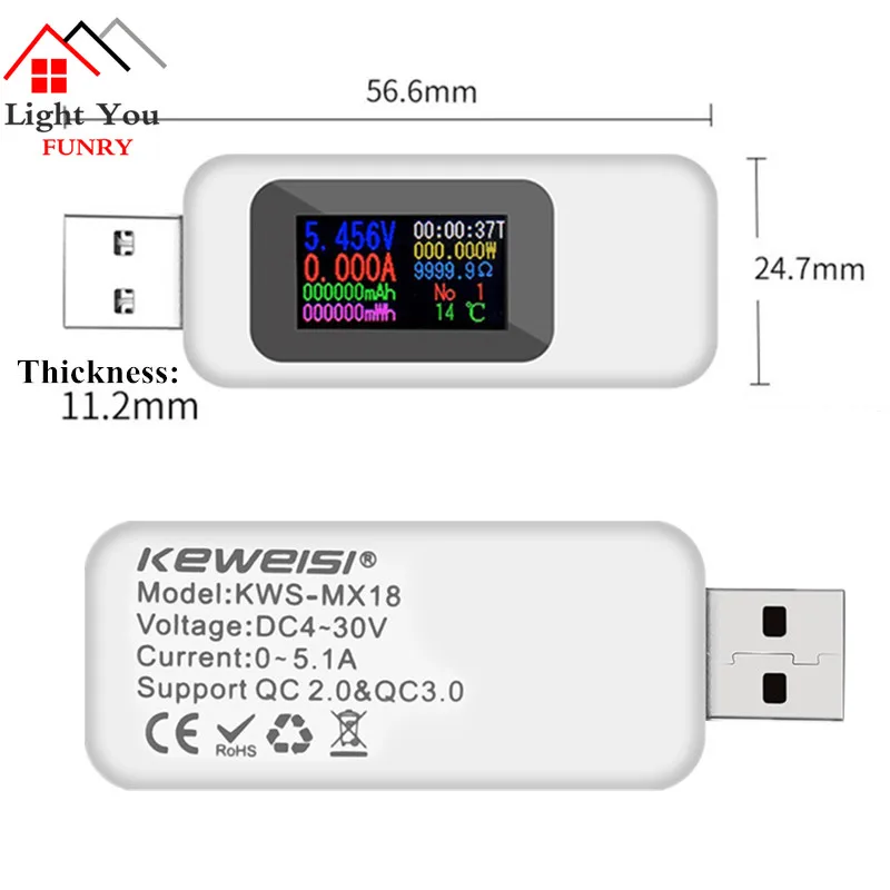 10 in 1 DC USB Tester Current 4-30V Voltage Meter Timing Ammeter Digital Monitor Cut-off Power Indicator Bank Charger 40%off