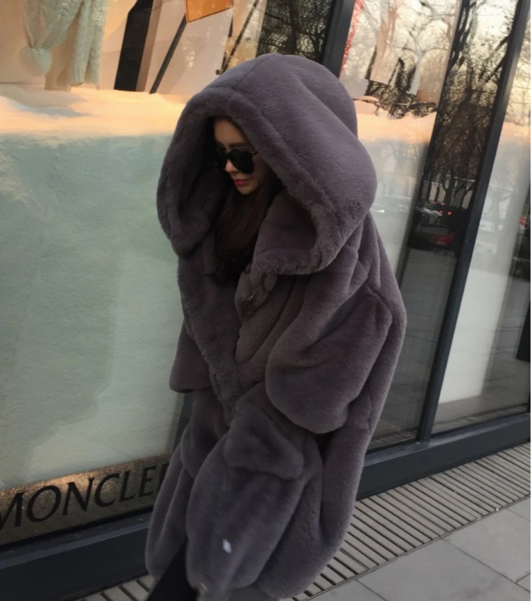 Модное роскошное меховое пальто с капюшоном длинное женское зимнее плотное теплое пальто с длинным рукавом из искусственного меха Женское пальто из искусственного меха кролика