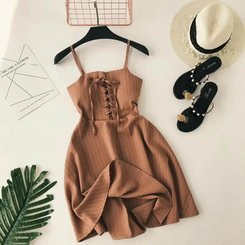

2019 new fashion women's summer straps dresses classic striped closed waist dress