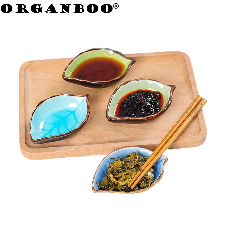 

ORGANBOO 1PC Leaf shape ceramic small plate kitchen multi-purpose sauce dish ice cracked glaze sauce vinegar tableware