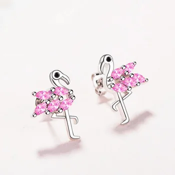 

Women Fashion 925 Silver Pink Zircon Flamingos Stud Earrings For Girls Female Simple Cute Party Earring Gift Jewelry