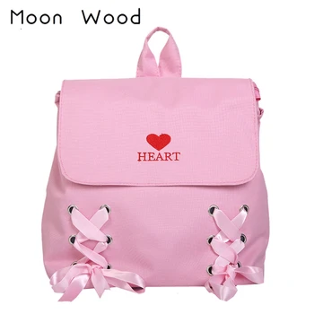 

Moon Wood Love Heart Ribbon Pink Backpack Student Travel Backpack School Bags For Teenager Girls Women Preppy Style Shoulder Bag