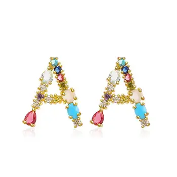

GoldColor Initial Multicolor Cubic Zirconia Big Alphabet Letter Stud Earrings Name Jewelry For Women Accessories Girlfriend Gift