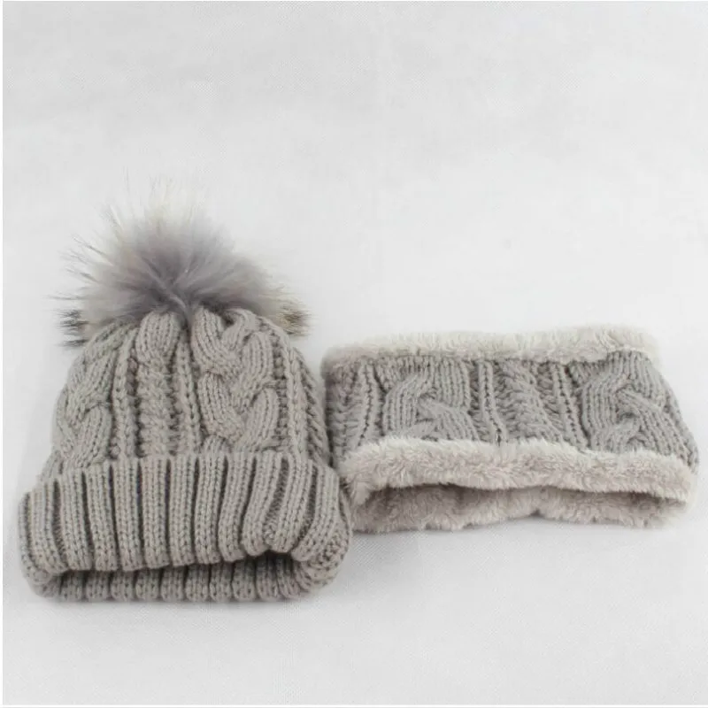 Детская зимняя меховая шапка, шарф, комплект, уличная флисовая подкладка, теплая вязаная шапка для девочек, комплект с нагрудником, натуральный мех, помпон, зимние шапочки, Прямая поставка