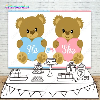 

Cartoon Teddy Bear Baby Shower Photo Background He or She Backdrop Gender Reveal White Photography Backdrop for Baby Party Decor