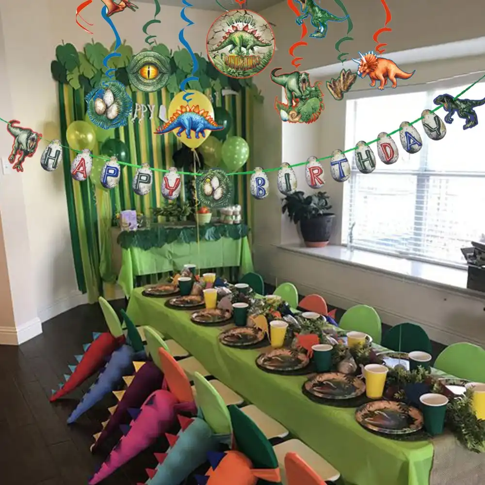 Jurassic Park Theme Dinosaure Fete D Anniversaire Decoration Ensemble Joyeux Anniversaire Banniere Gateau Topper Suspendus Tourbillon Decor Ballons En Latex Aliexpress