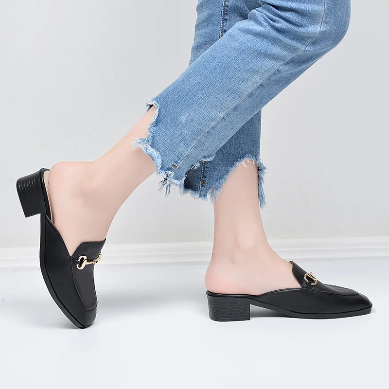 Summer Fashion Genuine Leather Mules Block Heels Shoes Woman Slipper Modis Black Casual Shoes Women Ladies Sliders Female