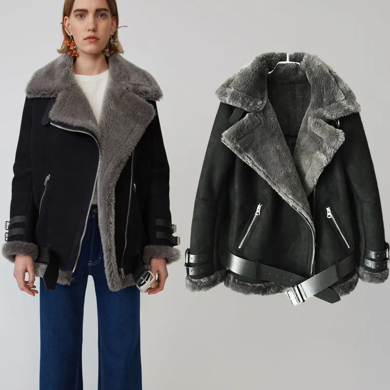 

2018 Winter Women Jacket Sheepskin Coats Faux Fur Coat Female Bomber Jacket Thick Warm Coats Biker Faux Suede Leather Jacket