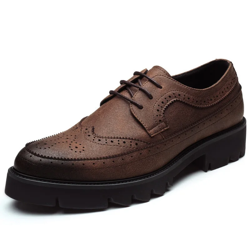 Новинка; удобная обувь на платформе, увеличивающая рост; Мужская обувь; нескользящая резиновая подошва 8 см; цвет черный, синий, коричневый - Цвет: brown normal heel