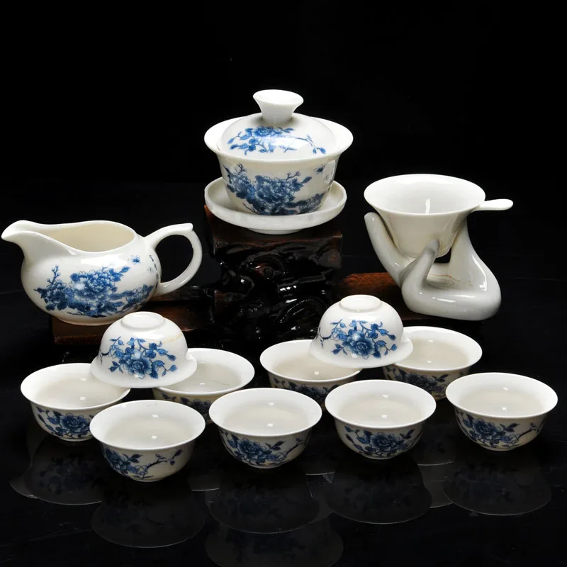 14 Pieces Kung Fu tea set,Chinese Pattern Include White Glazed Ceramic Porcelain Dragon 10pcs Tea Cups and Teapot