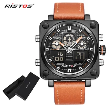 Ristos-Relojes deportivos de cuero para Hombre, cronógrafo multifunción, analógico, militar, de pulsera, Masculino, 9343