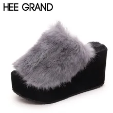 HEE GRAND Beach Fur Slippers 2016 Wedges Sandals Casual Platform Shoes Woman Creepers Winter Flip Flops Slip On Flats XWT541