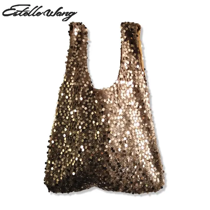 

Estelle Wang Small Casual Tote Fashion Women Japan Gold Pink Top-handle Sequin Bags Vest Handbag Wrist Mobile Phone Key Bag