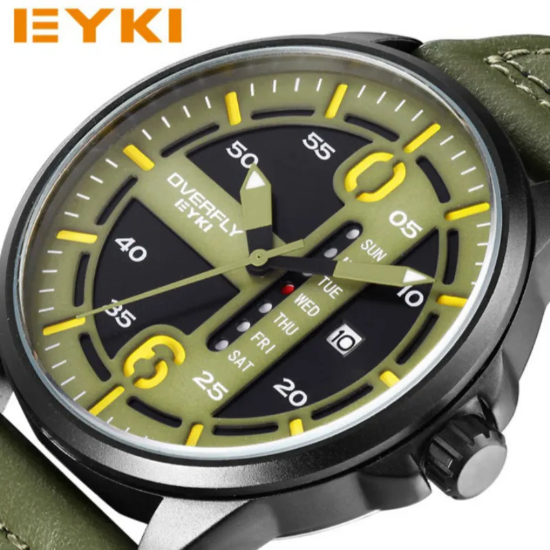 

EYKI Unique Design Casual Men Watches Brand Leather Business Quartz Watch Male Date Week Army Military Clock Relogio Masculino